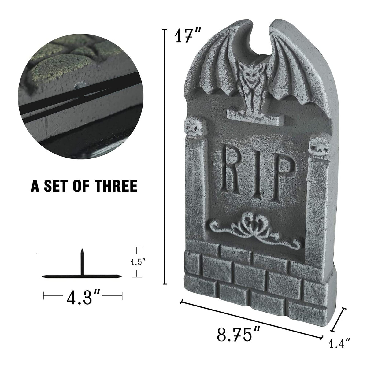 FUNPENY Halloween Foam RIP Tombstones, 5 Pack 17" Headstone Decorations for Halloween Graveyard, Yard, Garden, Tombstone Decorations Outdoor