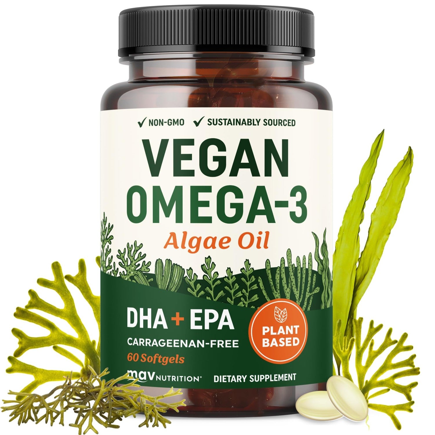 Vegan Omega 3 Algae Oil, Plant Based DHA EPA, Sustainably Sourced, Non-GMO | Carrageenan-Free, Heart Brain & Eye Health Support, Fish Oil Alternative, Omega 3 Fatty Acid Supplements, 60 Vegan Softgels