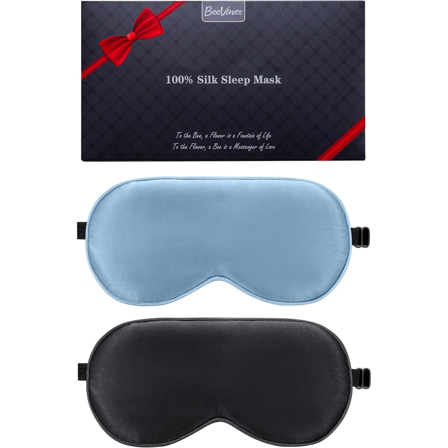 Buy now BeeVines Sleep Mask, 2 Pack 100% Real Natural Silk Eye Masks with Adjustable Strap for Sleeping, Mulberry Silk Eye Sleep Shade Cover, Blocks Light Reduces Puffy Eyes Traveling Gifts (Black & Black) 10- Black & Pastel Blue at indiglob india