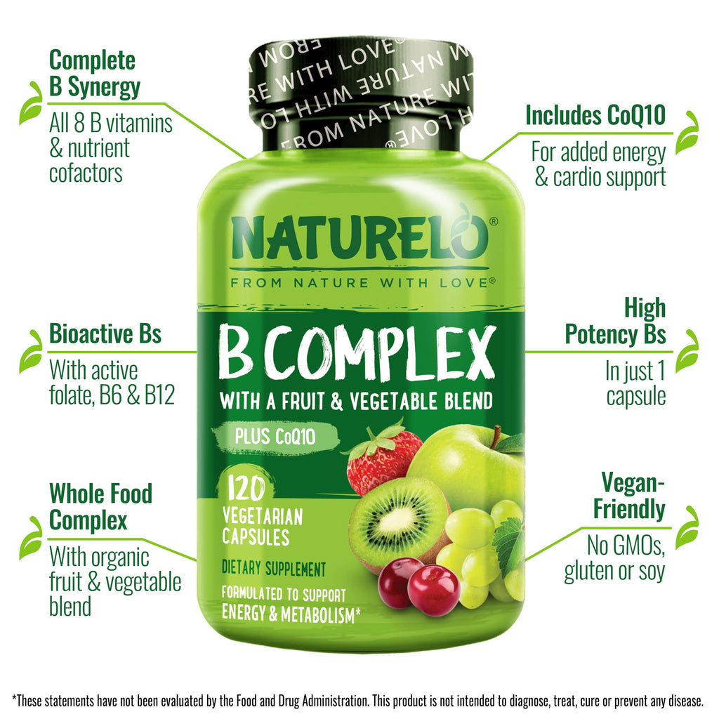 NATURELO Vitamin B Complex, 120 Capsules, Vegan, CoQ10, Methyl Folate | Biotin, Fruit & Vegetable Blend, Supports Energy And Healthy Stress Response, Super B Complex Vitamins for Women and Men