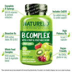 NATURELO Vitamin B Complex, 120 Capsules, Vegan, CoQ10, Methyl Folate | Biotin, Fruit & Vegetable Blend, Supports Energy And Healthy Stress Response, Super B Complex Vitamins for Women and Men