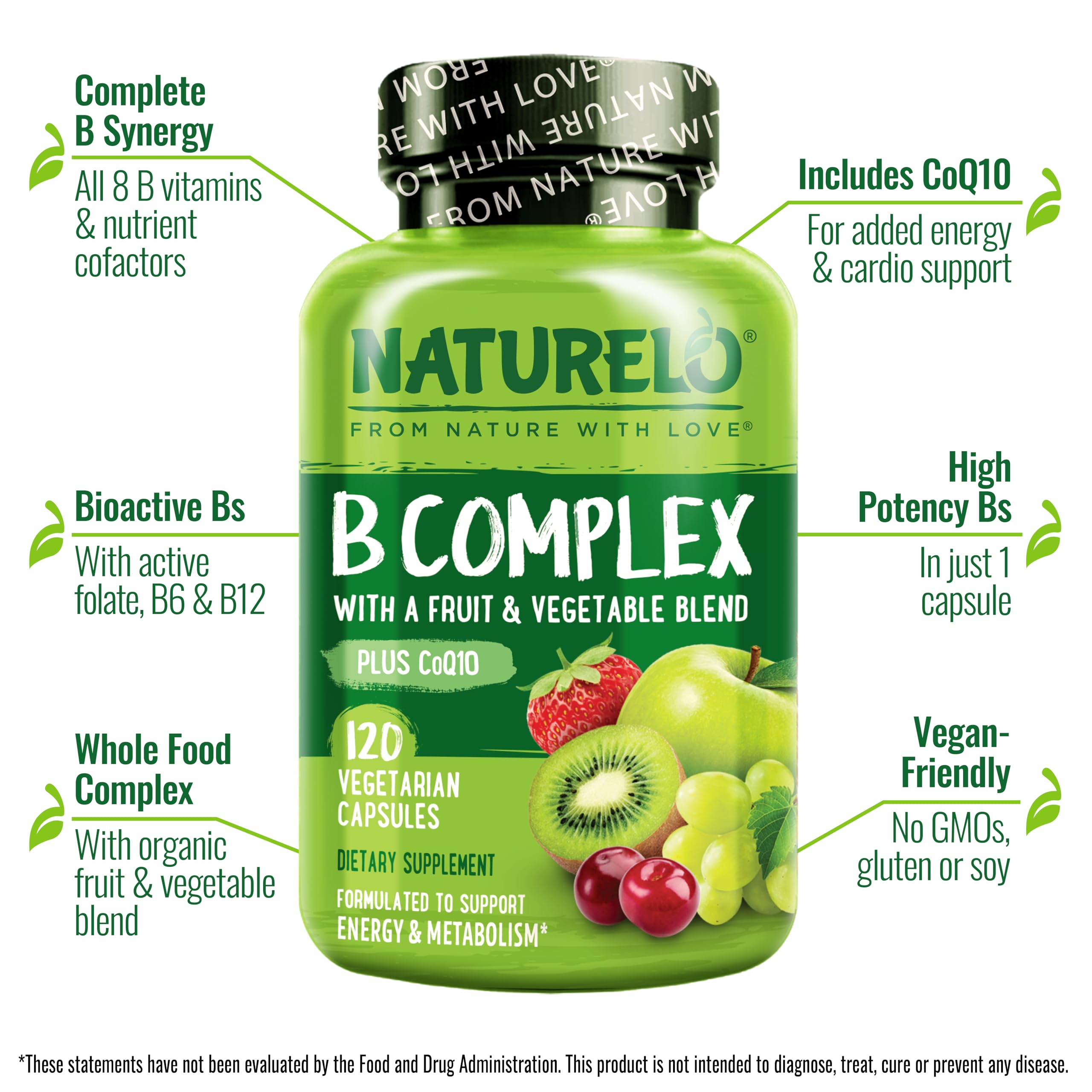 NATURELO Vitamin B Complex, 120 Capsules, Vegan, CoQ10, Methyl Folate | Biotin, Fruit & Vegetable Blend, Supports Energy And Healthy Stress Response, Super B Complex Vitamins for Women and Men