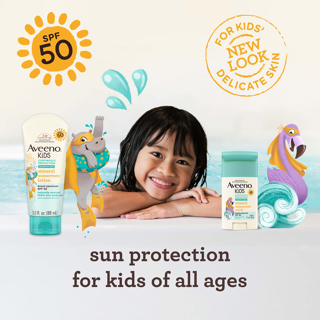 Buy now Aveeno Kids Continuous Protection Zinc Oxide Mineral Sunscreen Stick for Sensitive Skin, Face & Body Sunscreen Stick for Kids with Broad Spectrum SPF 50, Sweat- & Water-Resistant, 1.5 oz at indiglob india