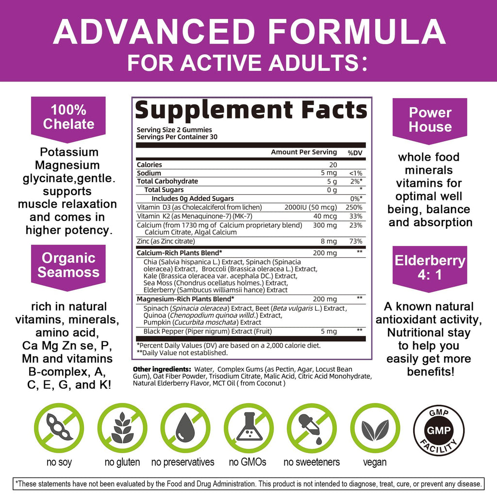 Plant Based Calcium Supplement with Vitamin D3,K2 Gummy for Bone Strength, Contains Whole Food Natural Minerals-Bone Health, Calm Mood & Sleep Support for Women & Men (2 Pack)