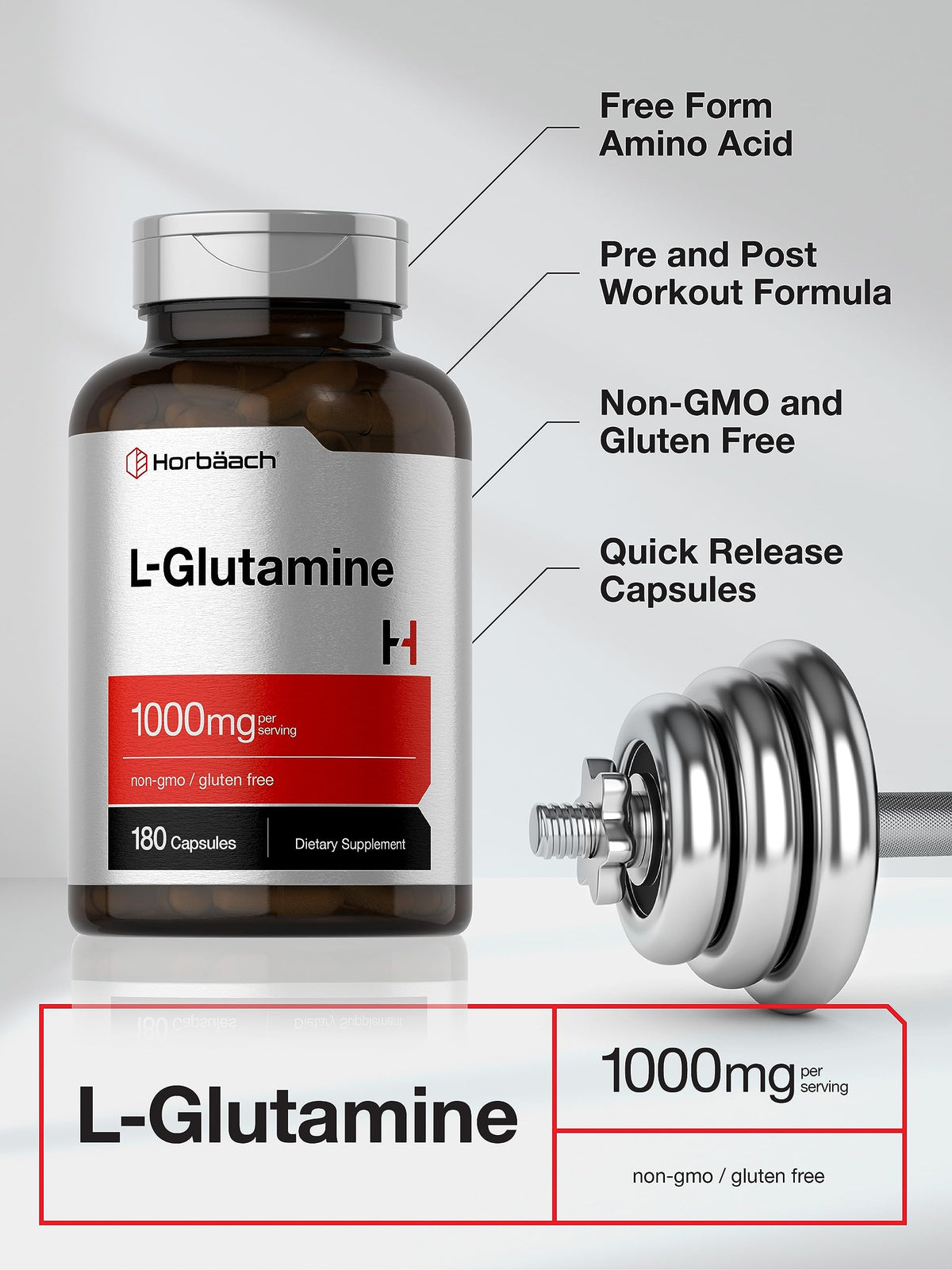 Horbaach L Glutamine Capsules 1000mg | 180 Powder Pills