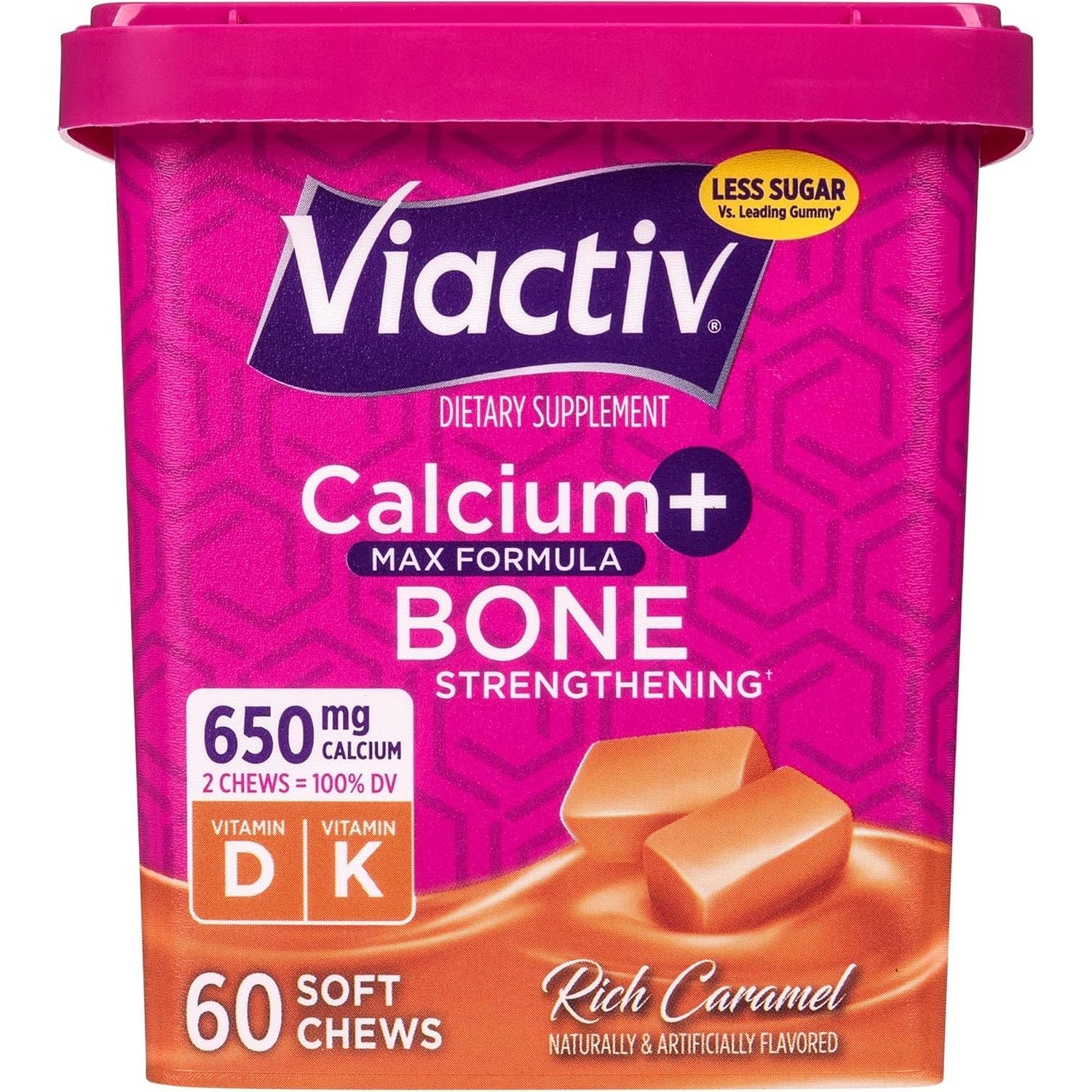Viactiv Calcium + Vitamin D Supplement Soft Chews, 60 Count, Caramel | for Women & Men, Chewable Calcium for Bone Health Support, 650 mg per Serving, Vitamin D & K for High Absorption