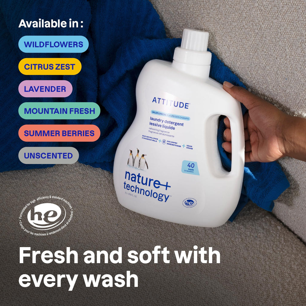 ATTITUDE Liquid Laundry Detergent, EWG Verified, HE Compatible, Plant-Based & Vegan, Natural Laundry Soap, Mountain Fresh Scent, 40 Loads, 67.6 Fl Oz