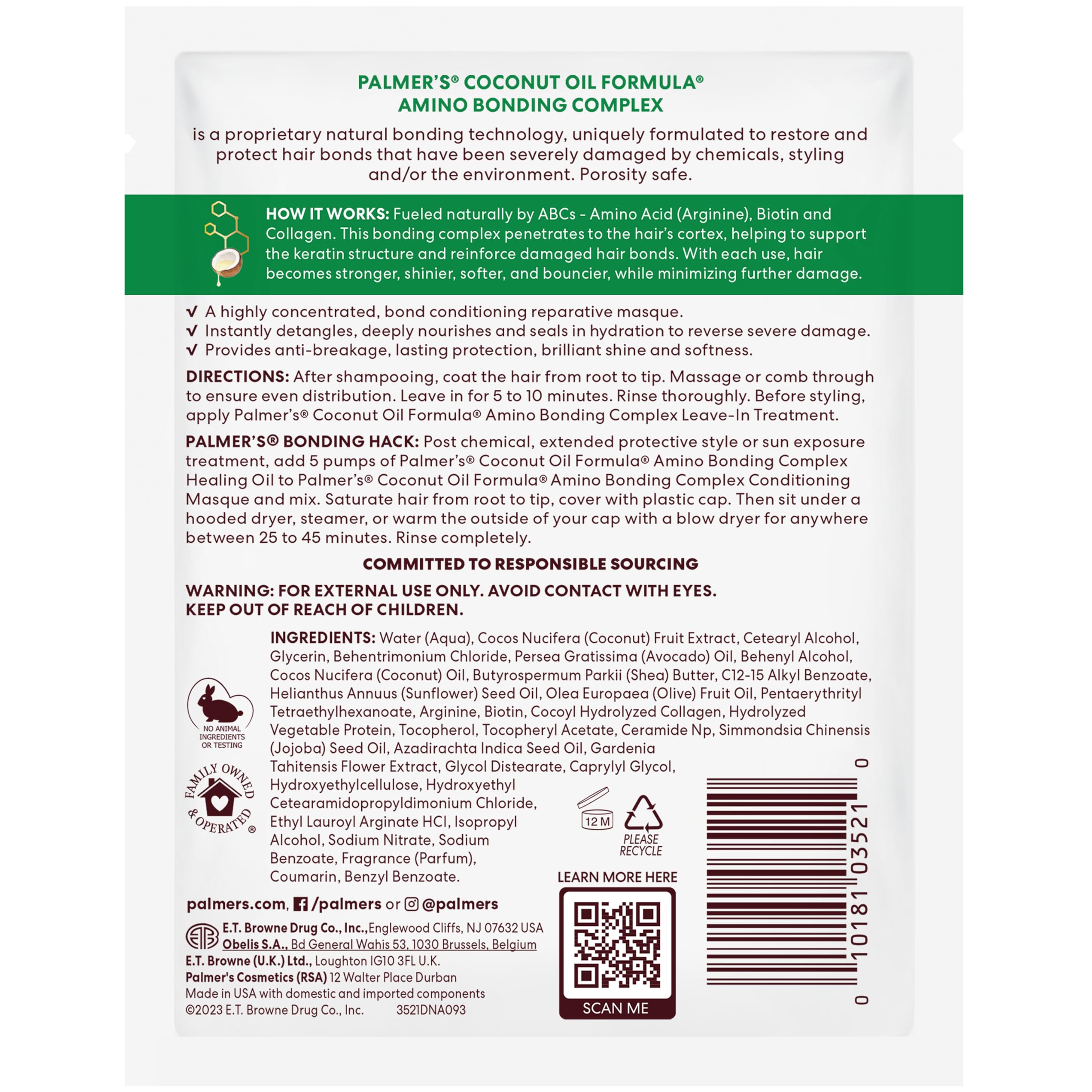 Palmer's Amino Bonding Hair Mask, Intense Conditioning Masque (2.1oz) | Heat Protectant with Multi-Action Natural Bond Technology, Anti Frizz, Adds Shine, Protects Hair Growth, All Hair Types
