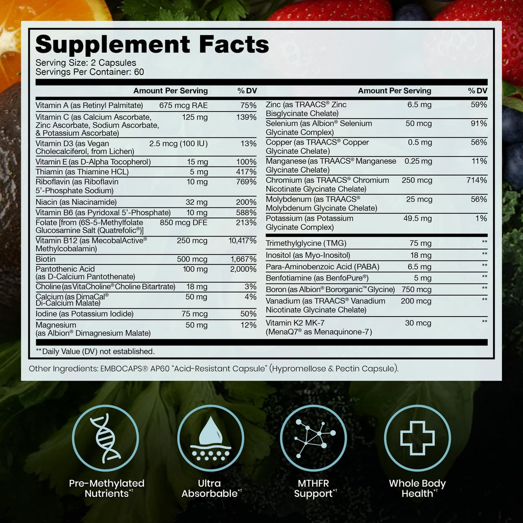 Pure Therapro Rx Methyl Multi Without Iron, Multivitamin, 120 Capsules | Daily Multivitamin with Vitamin C, B12, A, Methyl B12 & Methylfolate, For Men & Women, Made in USA, 60 Servings