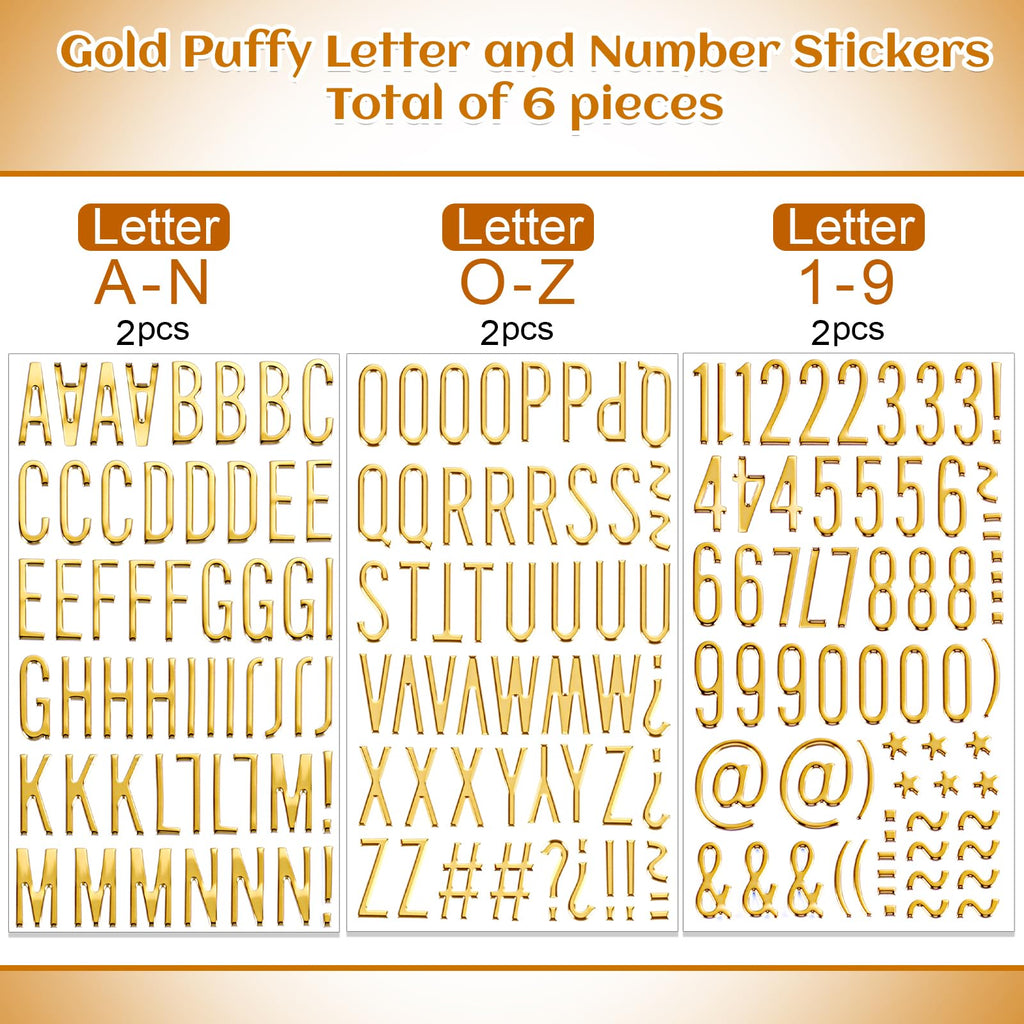 Phinus 6 Sheet 3D Gold Puffy Letter and Number Stickers, 1 Inch Self-Adhesive Foam Alphabet Stickers, Waterproof PVC Material for Grad Cap, Scrapbooking, DIY Crafts, Mailbox Decor