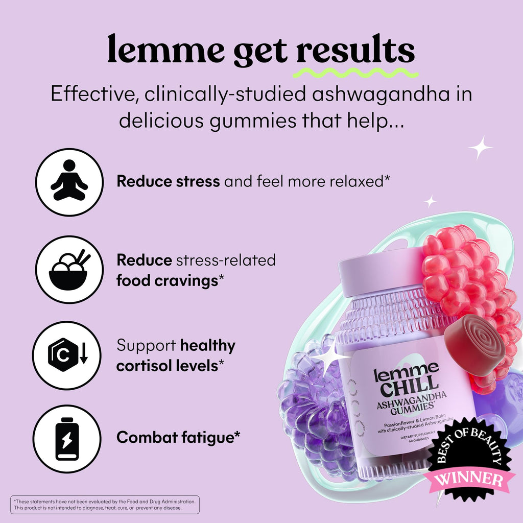 Lemme Chill Stress Relief Gummies (60 Gummies) | 300mg KSM-66 Ashwagandha, Lemon Balm, Passionflower & Goji to Support Relaxation, Healthy Cortisol, Gluten-Free, Non-GMO
