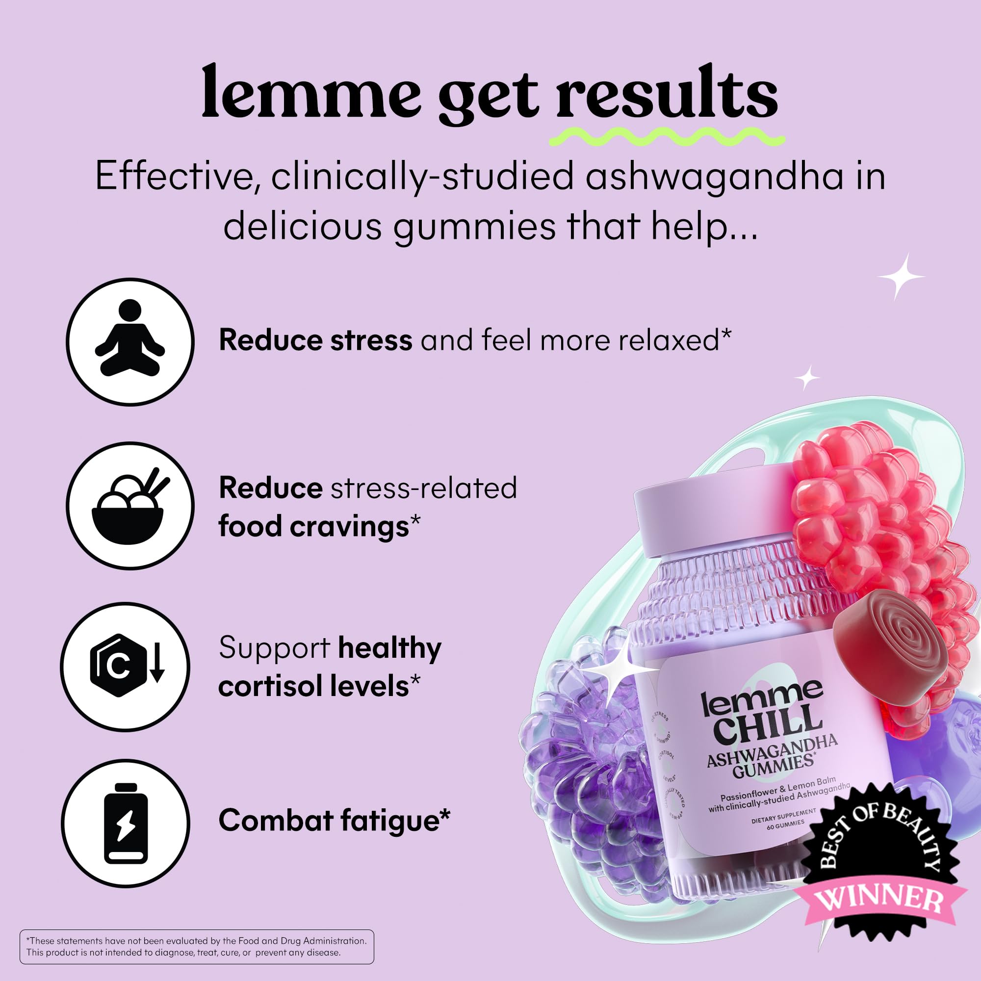 Lemme Chill Stress Relief Gummies (60 Gummies) | 300mg KSM-66 Ashwagandha, Lemon Balm, Passionflower & Goji to Support Relaxation, Healthy Cortisol, Gluten-Free, Non-GMO