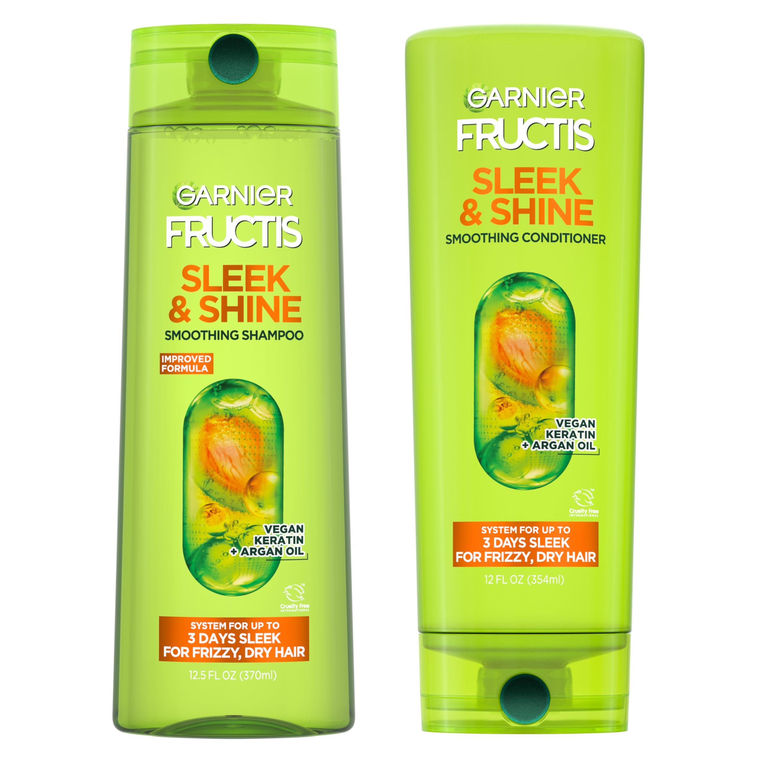 Garnier Fructis Sleek & Shine Shampoo and Conditioner Set for Dry, Frizzy Hair, Up to 72 Hours of Frizz Control, Smooths Flyaways & Boosts Shine, 22 + 21 Fl Oz (Packaging May Vary)