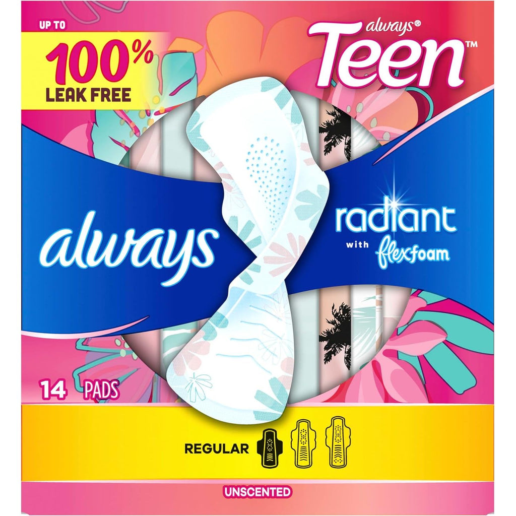 Buy now Always Radiant Teen Pads, Size 1, Regular, with Wings, Unscented, 14 Count at indiglob india