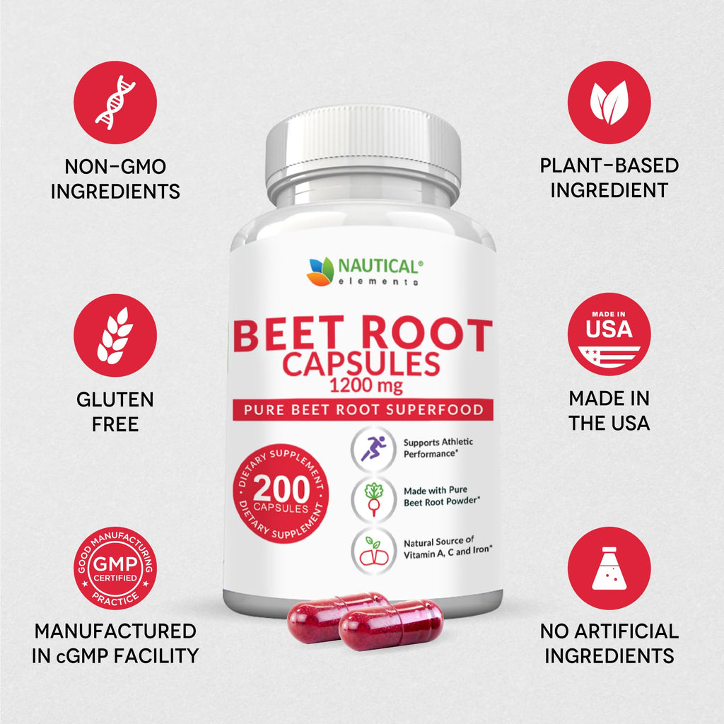 Beet Root Capsules - 1200mg Per Serving - 200 Beet Root Powder Capsules | Beetroot Powder Supports Blood Pressure, Athletic Performance, Digestive, Immune System Pure, Non-GMO & Gluten Free 100 Days