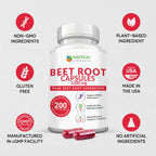 Beet Root Capsules - 1200mg Per Serving - 200 Beet Root Powder Capsules | Beetroot Powder Supports Blood Pressure, Athletic Performance, Digestive, Immune System Pure, Non-GMO & Gluten Free 100 Days