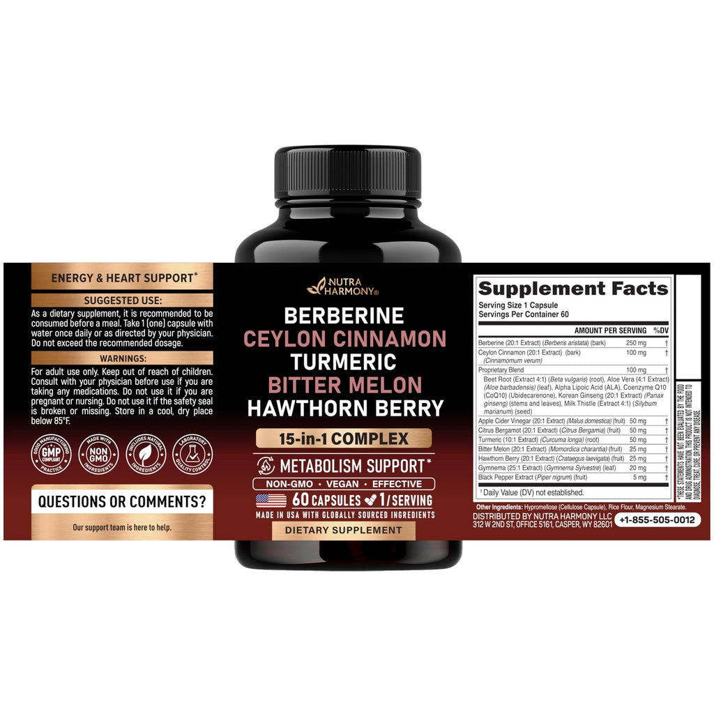 Berberine with Ceylon Cinnamon, Bitter Melon, Hawthorn & Turmeric - 60 Caps | 15in1 Supplement with ACV, Citrus Bergamot - Heart, Metabolism & Energy Support - for Men & Women - Vegan, 60-Day Supply