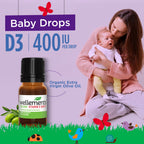 Wellements Organic Baby Vitamin D3 Liquid Drop 400IU Newborn+ 90 Day Supply | Certified Newborn+ Liquid Vitamin D3 Drops, Support Healthy Growth & Bone Development 400 IU per Drop (1 Drop Daily)
