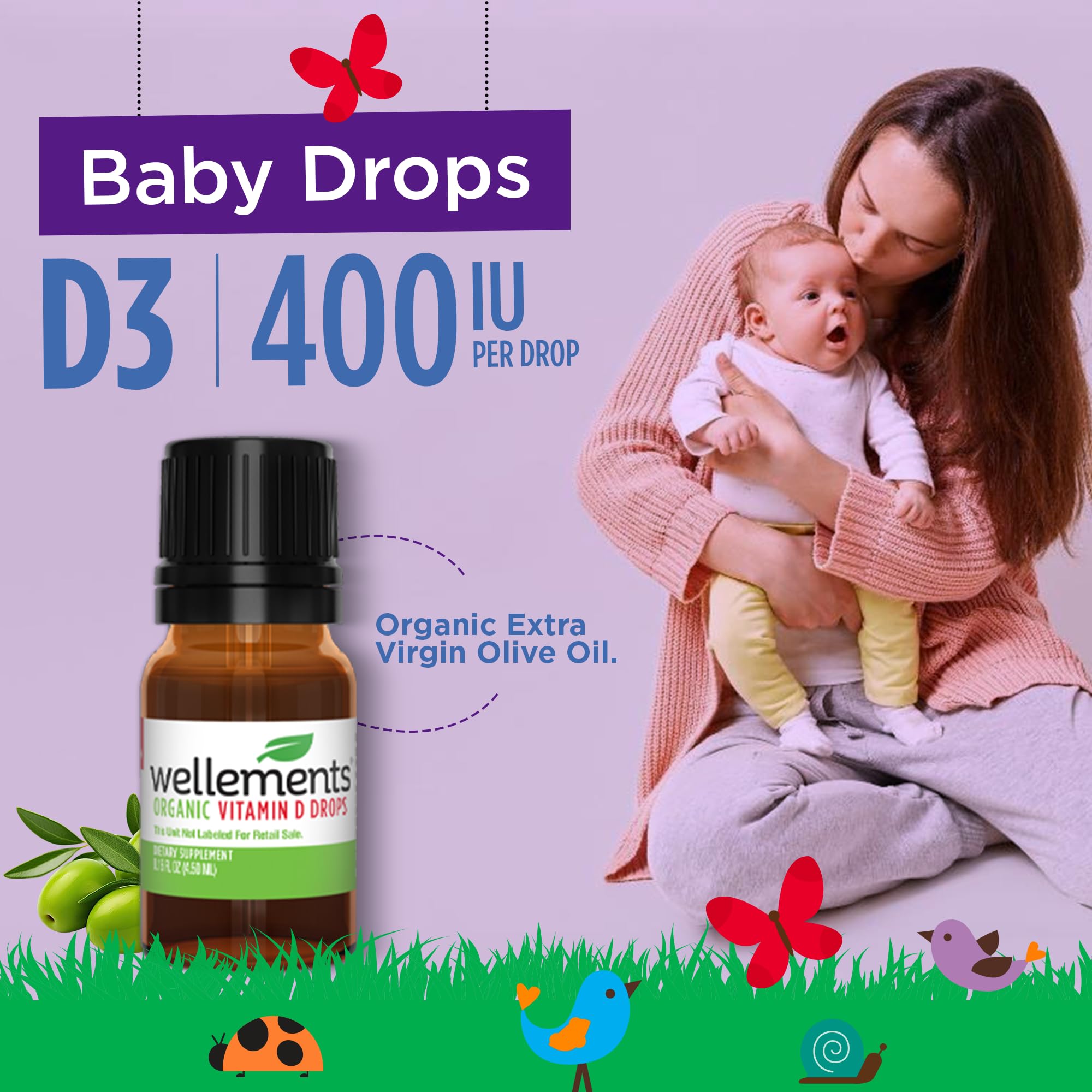 Wellements Organic Baby Vitamin D3 Liquid Drop 400IU Newborn+ 90 Day Supply | Certified Newborn+ Liquid Vitamin D3 Drops, Support Healthy Growth & Bone Development 400 IU per Drop (1 Drop Daily)