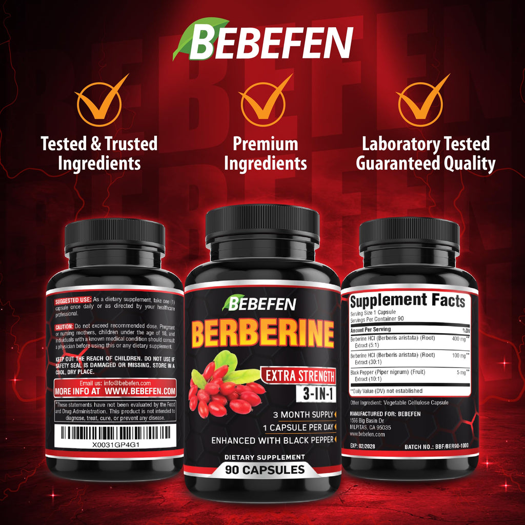 Berberine Capsules with Black Pepper Extract - 90 Capsules - 3 Month Supply