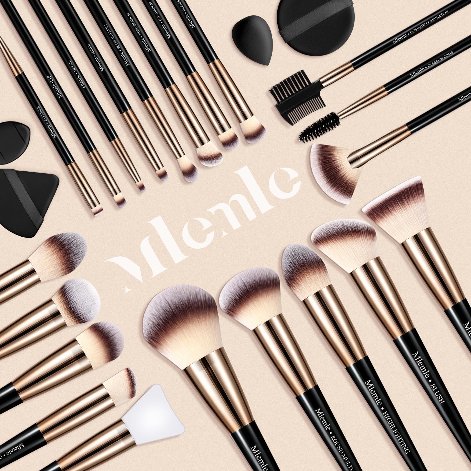 Makeup Brushes Set, Mlemle Professional 25 Pcs Makeup Kit, Include Powder Foundation Concealers Blush Eye shadows 21 Pcs Makeup Brushes and 2 Powder Puff, 2 Makeup Sponge(B02-CreamBlack)