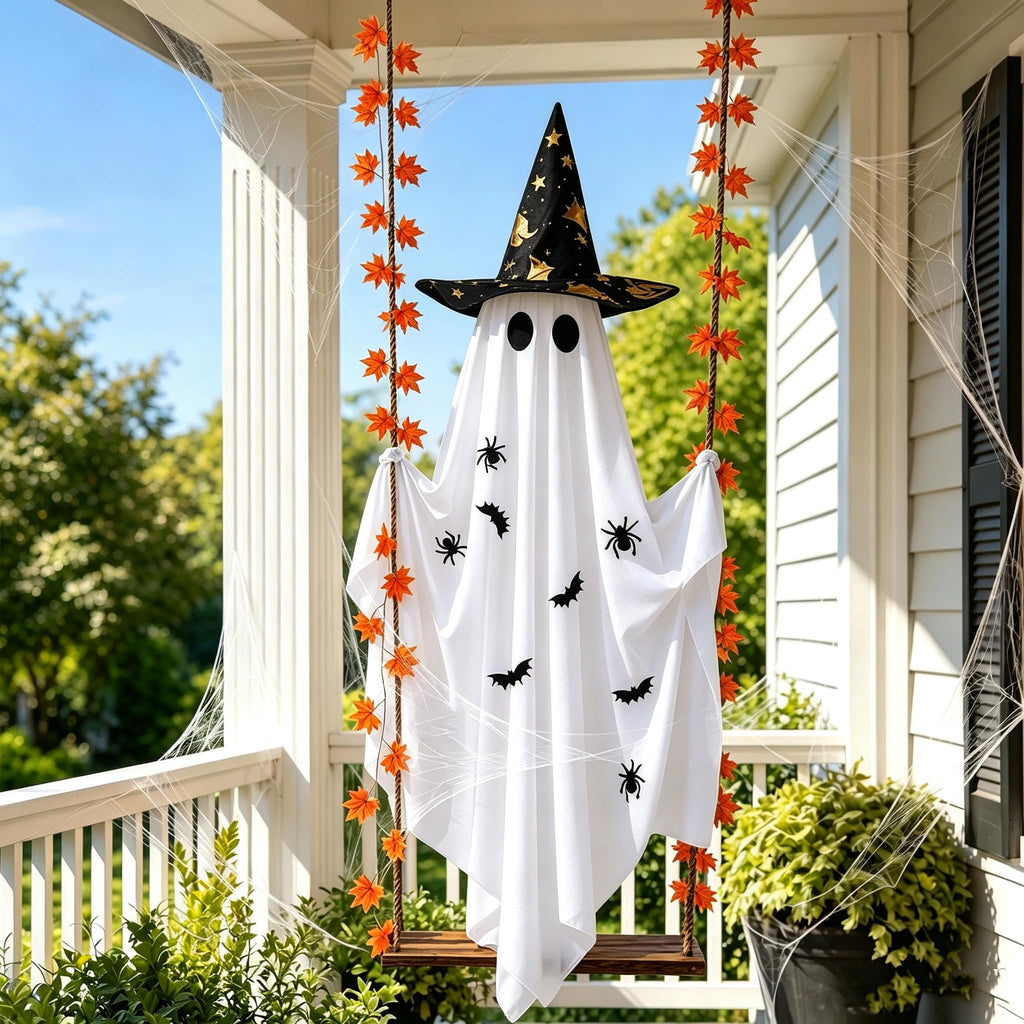 Halloween Decorations Outdoor, 5.4FT Large Hanging Swing Ghost Outdoor Decor with Witch Hat & Maple Leaf Vine, Remote Control LED Lights 8 Modes, Halloween Ghost Decorations for Front Porch Yard Tree