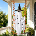 Halloween Decorations Outdoor, 5.4FT Large Hanging Swing Ghost Outdoor Decor with Witch Hat & Maple Leaf Vine, Remote Control LED Lights 8 Modes, Halloween Ghost Decorations for Front Porch Yard Tree
