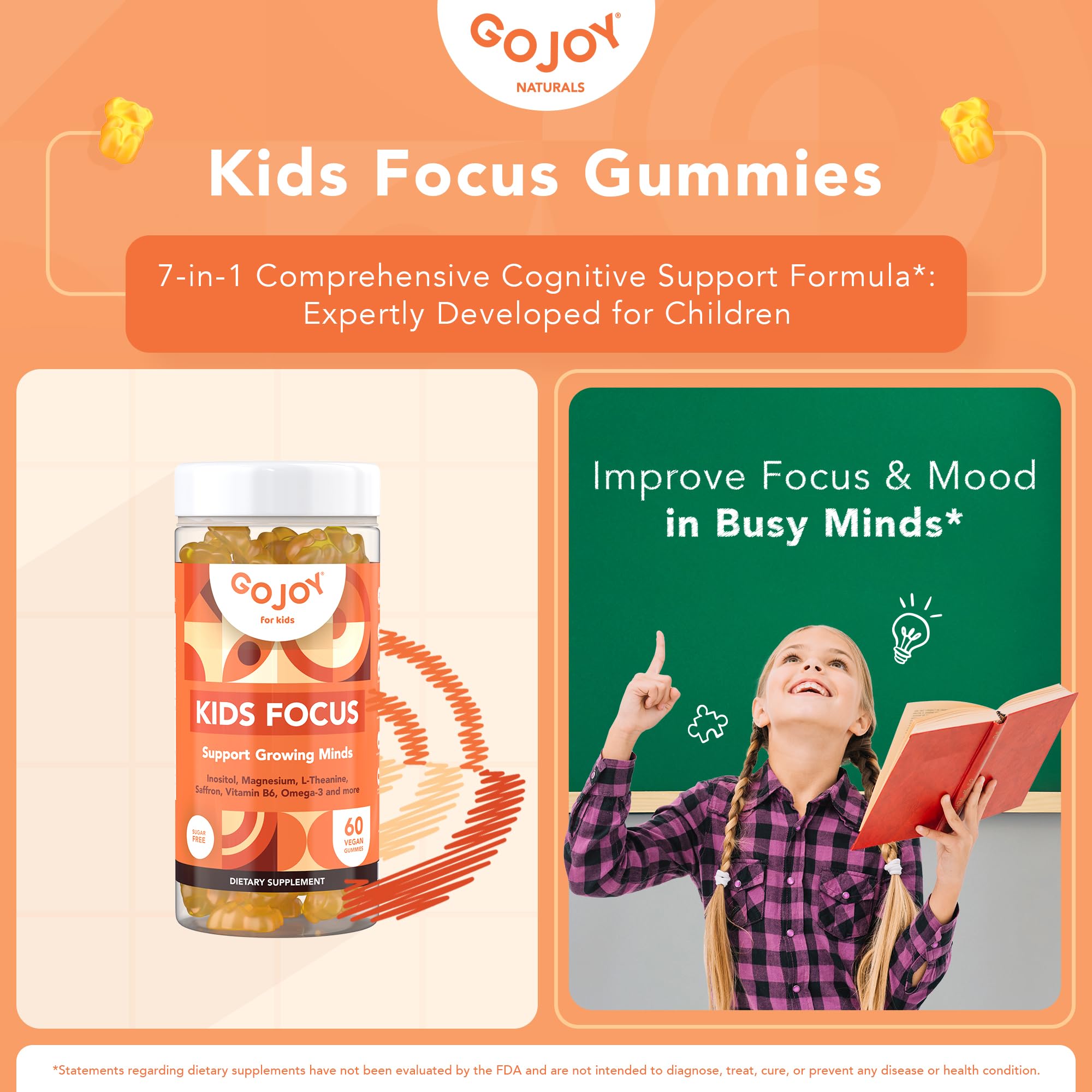 GOJOY NATURALS Kids Focus Gummies – Saffron, Magnesium Glycinate, L-Theanine & Inositol Supplement for Kids & Teens – Focus, Attention & Calm – Vegan, Sugar-Free, Non-GMO