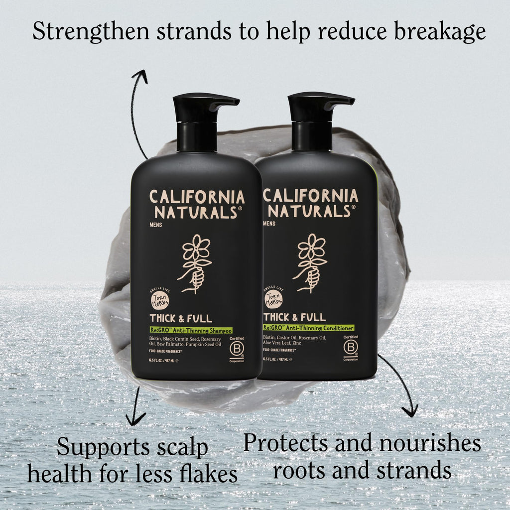 California Naturals Re:GRO Anti-Thinning Shampoo & Conditioner Set for Men, Biotin, Caffeine & Rosemary Oil, Hair Loss & Thinning Hair Support, Sulfate Free, 20 oz