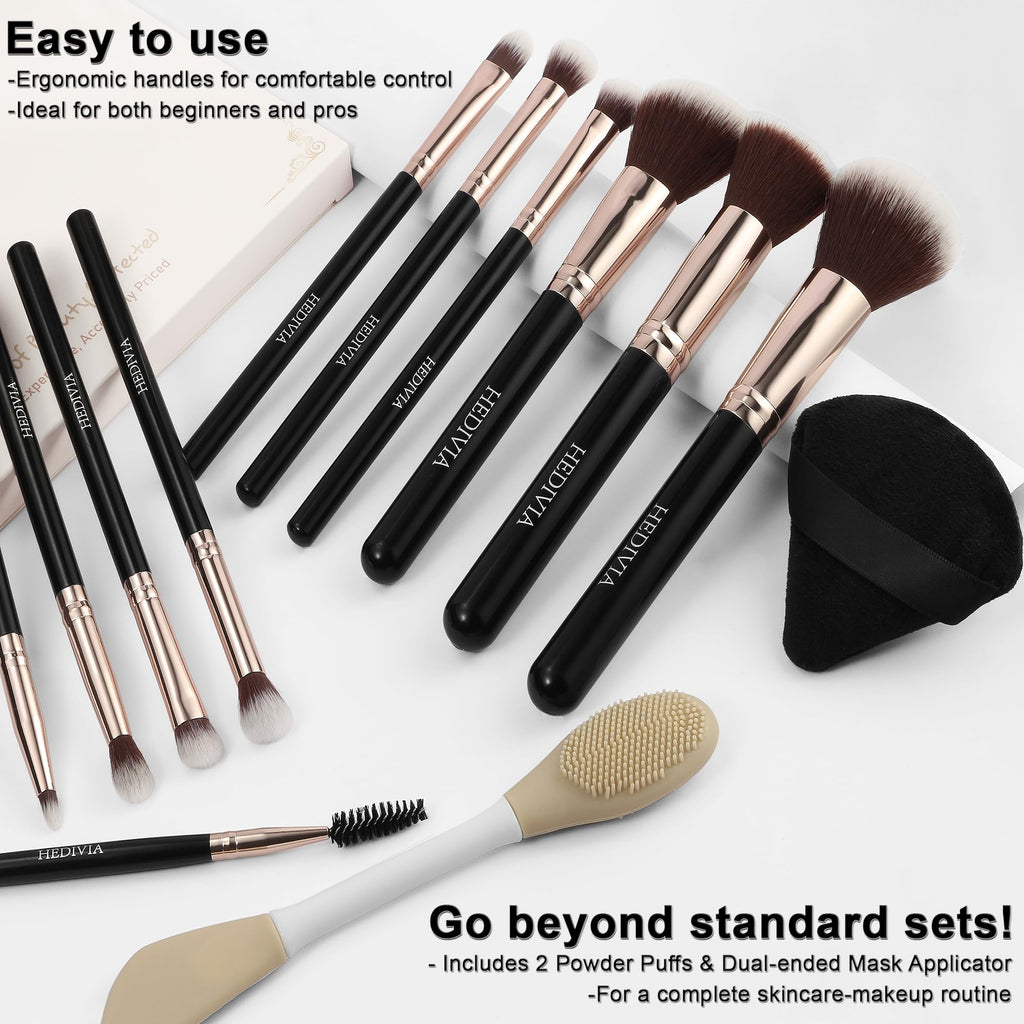 Black Makeup Brushes Set 14 Pcs Professional, Premium Synthetic Foundation Makeup Brush Concealer Powder Blush Eyeshadow Brushes with 2 Powder Puff & Dual-ended Mask Applicator.Gifts for Girls