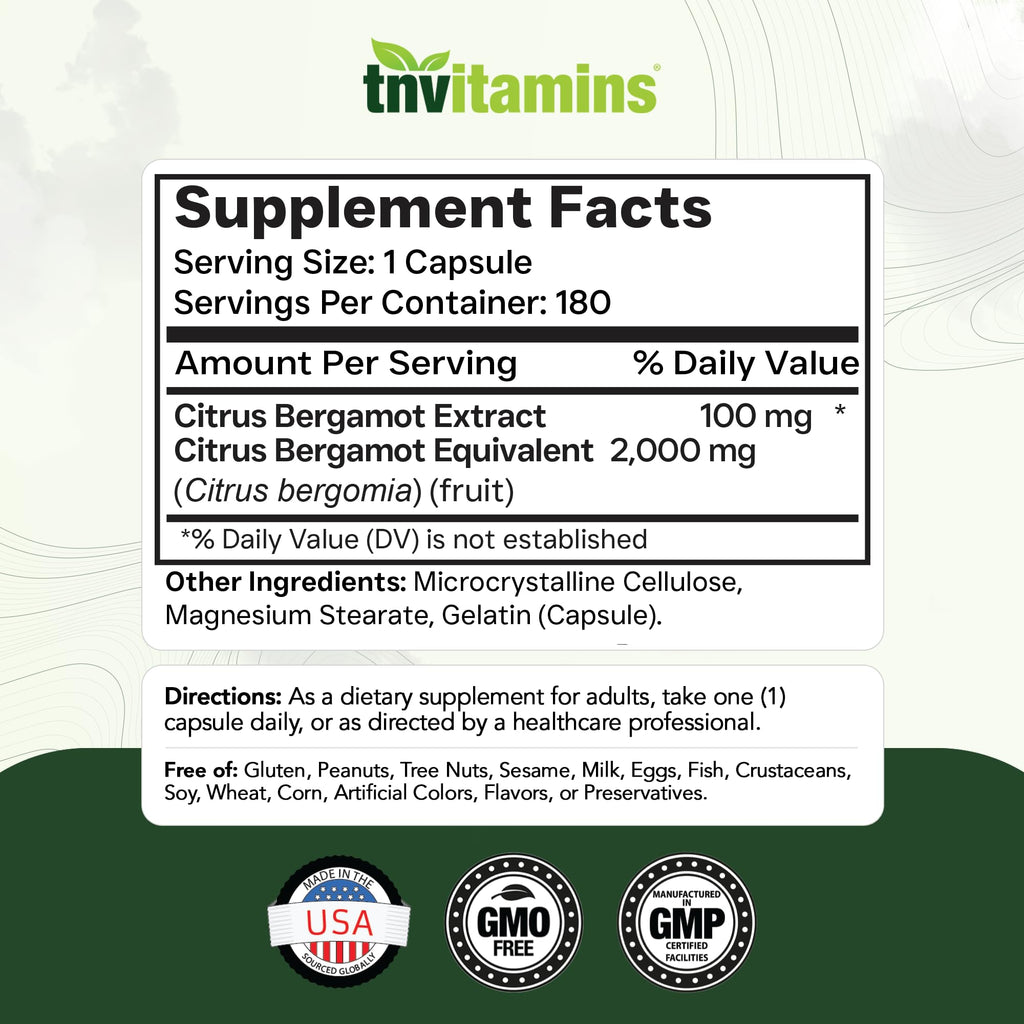 tnvitamins Citrus Bergamot 2000mg - 180 Capsules | Ultra Potent Citrus Bergamot Supplement 2000 mg Per 1 Capsule Serving | 6 Month Supply! | Non-GMO | Made in The USA!