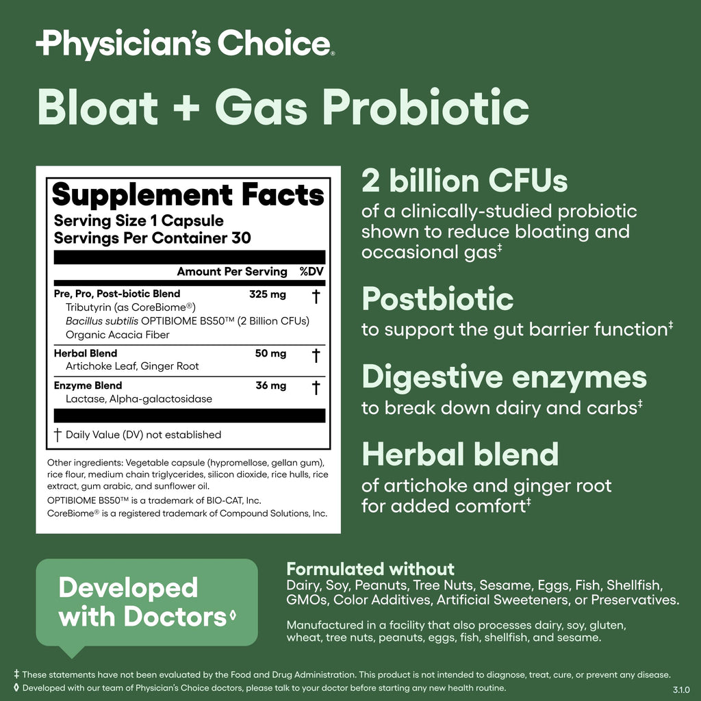 Physician's CHOICE Bloat & Gas Probiotic 5-in-1 Proactive Support + Daily Relief - Digestion & Gut Health- Herbals, Digestive Enzymes, Post & Prebiotics - Gas Relief for Adults - Women & Men - 30ct