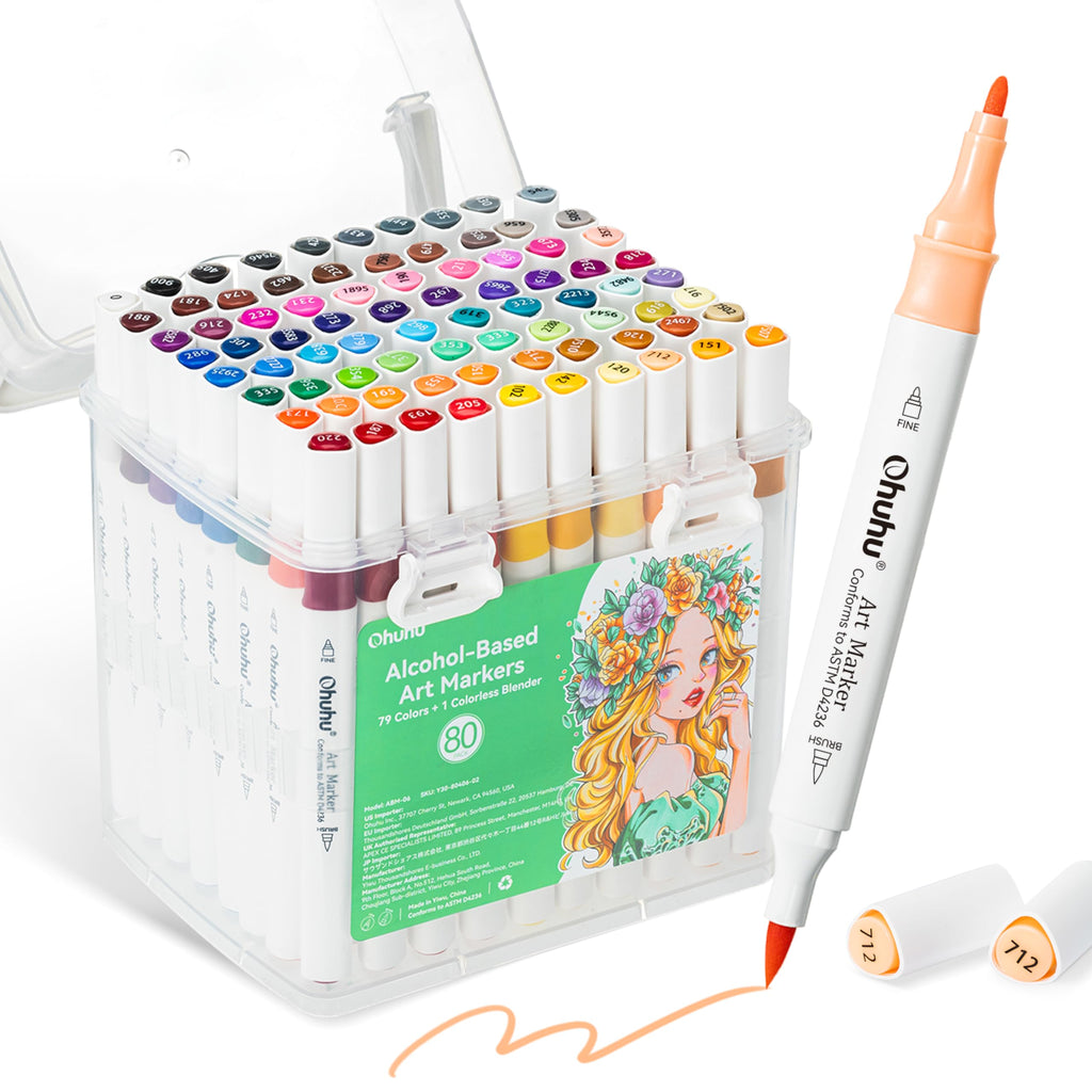 Ohuhu Alcohol Markers 80 Colors Brush& Fine for Beginners Adults Coloring
