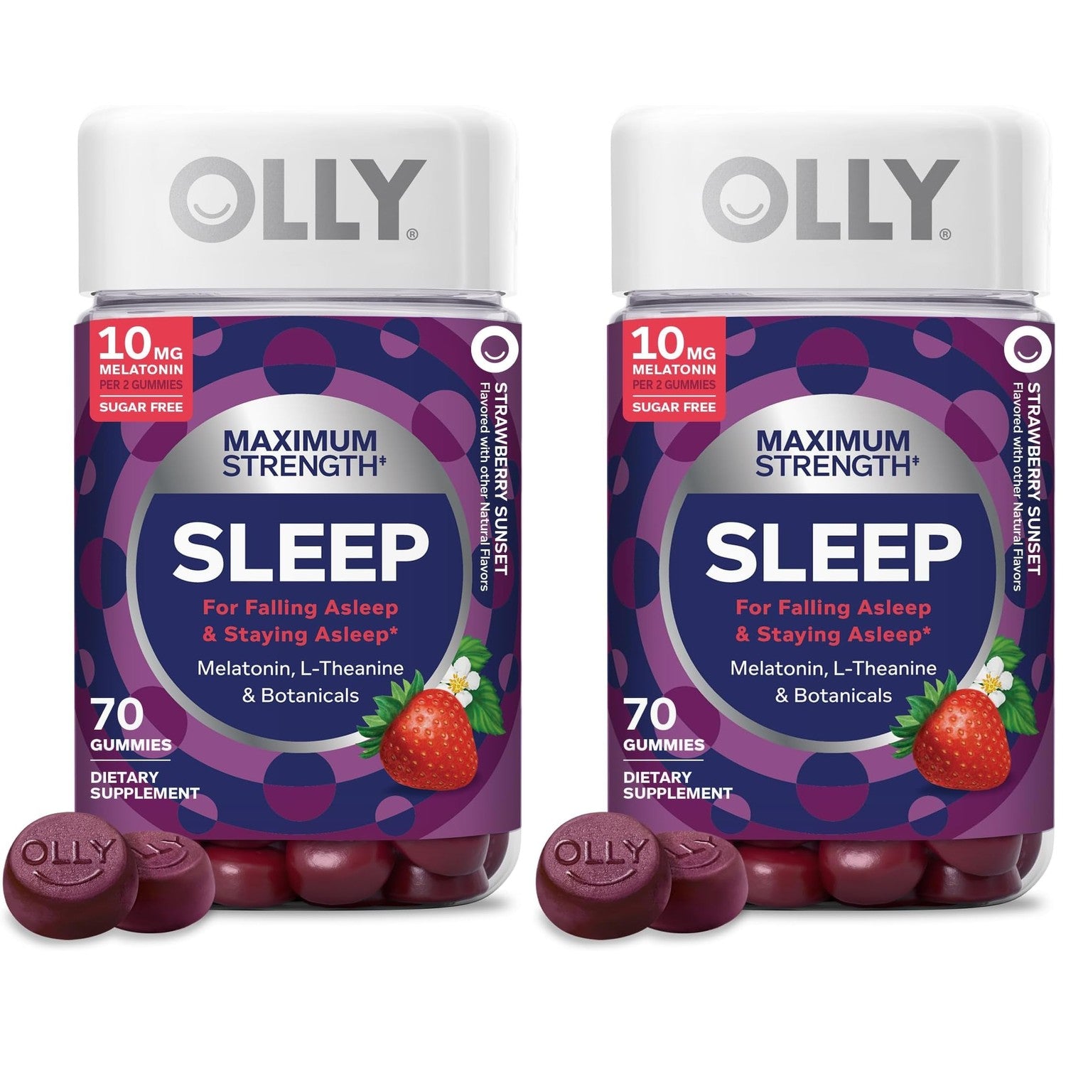 OLLY Max Strength Sleep Gummy, 10mg Melatonin, L-Theanine, Chamomile, Lemon Balm, Sugar Free, Vegetarian Sleep Aid, Strawberry - 70 Count