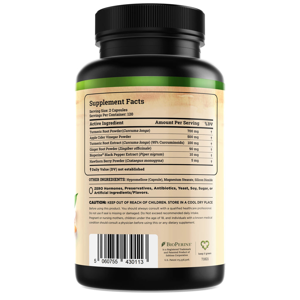 Nature's Base Turmeric and Ginger Supplement with Curcumin, ACV & BioPerine | Joint & Digestive Support, 95% Curcuminoids, Apple Cider Vinegar, Black Pepper Extract for Enhanced Absorption, 240 Capsules