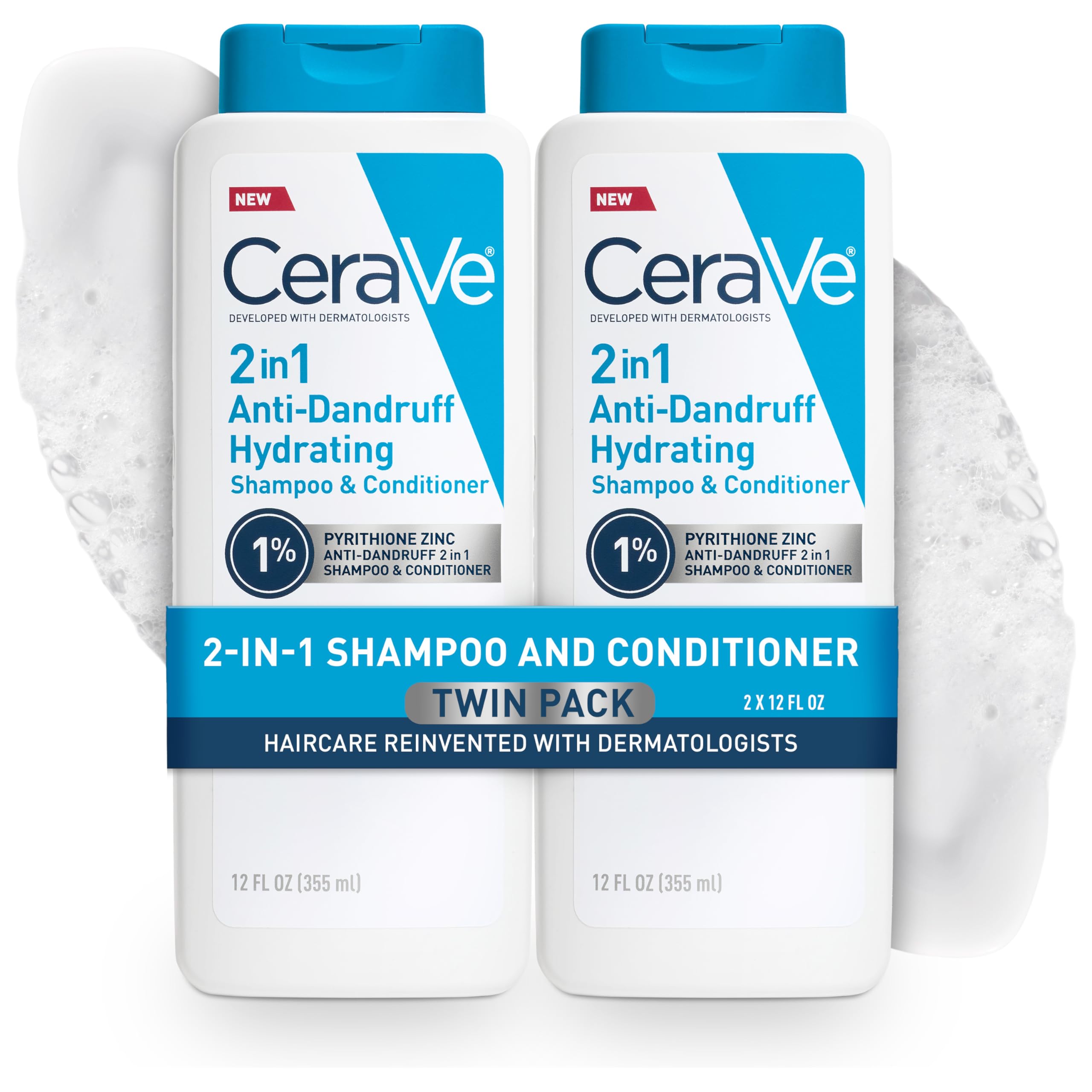CeraVe 2 In 1 Hydrating Anti Dandruff Shampoo And Conditioner, 12 Fl Oz | 1% Pyrithione Zinc Dandruff Treatment Helps Eliminate Flakes and Relieve Itchy Scalp In A Sulfate-Free, Color-Safe Formula