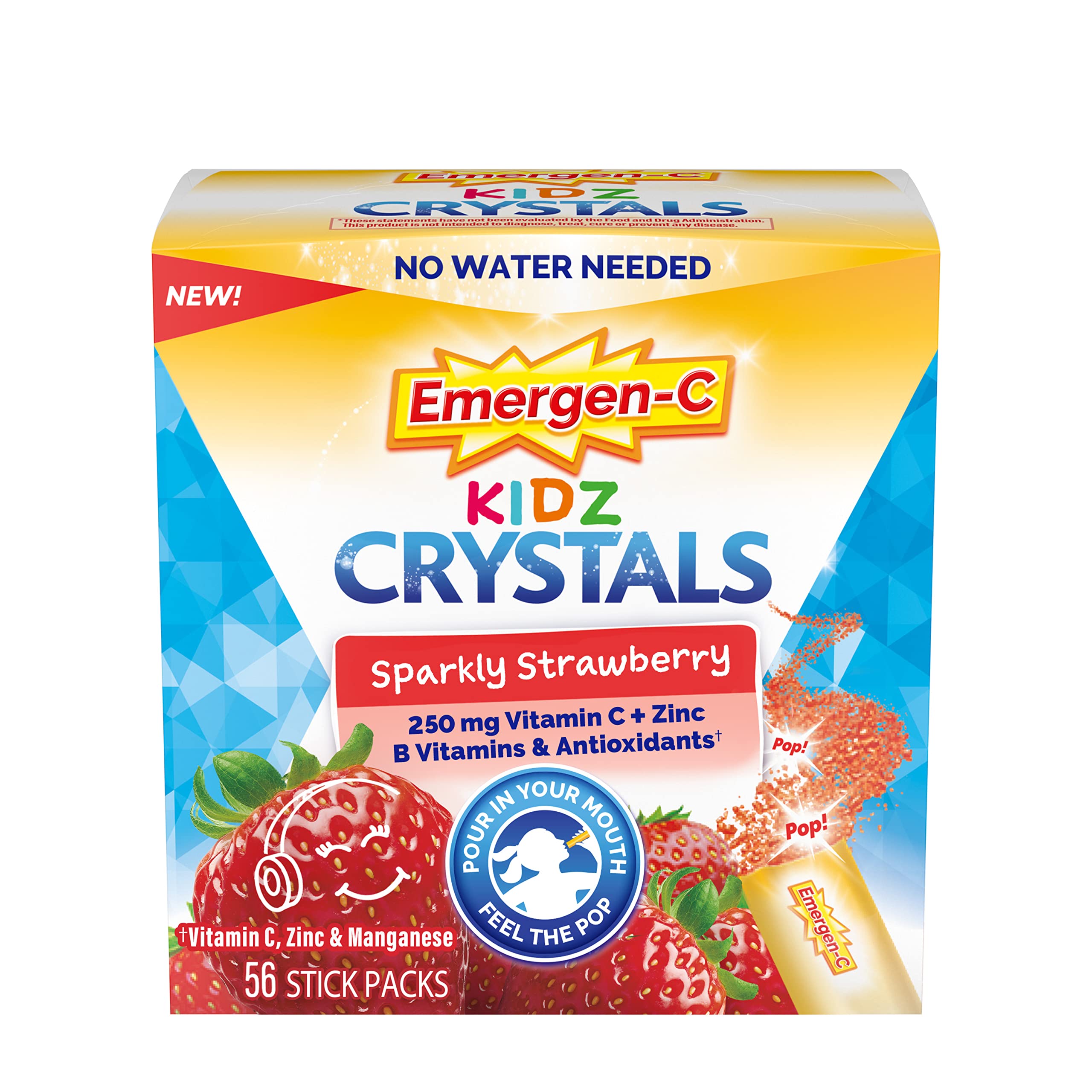 Emergen-C Kidz Vitamin C 250mg Crystals, Strawberry, 56 Packets | No Water Needed, B Vitamins for Energy, Zinc and Manganese, Easy Pouch Format, Kids Crystals