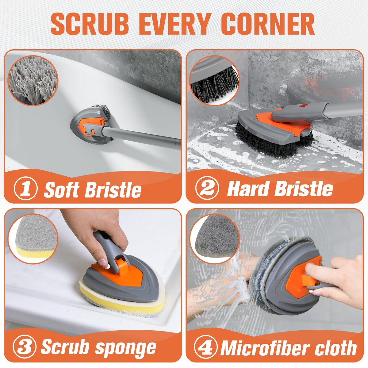 Eazer 4-in-1 Long-Handled Tub Scrubber-Versatile Bathroom Cleaning Brush with Shower Scrubber-Ideal Shower Cleaner Brush for Efficient Cleaning-Long Handle Scrub Brush for Shower, Tub, and Bathroom