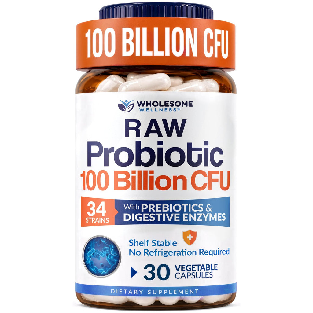 Wholesome Wellness Organic Raw Probiotics 100 Billion CFU, Dr Formulated for Women and Men, Complete Adult Supplement with Prebiotics and Digestive Enzymes; 30 Capsules, Shelf Stable