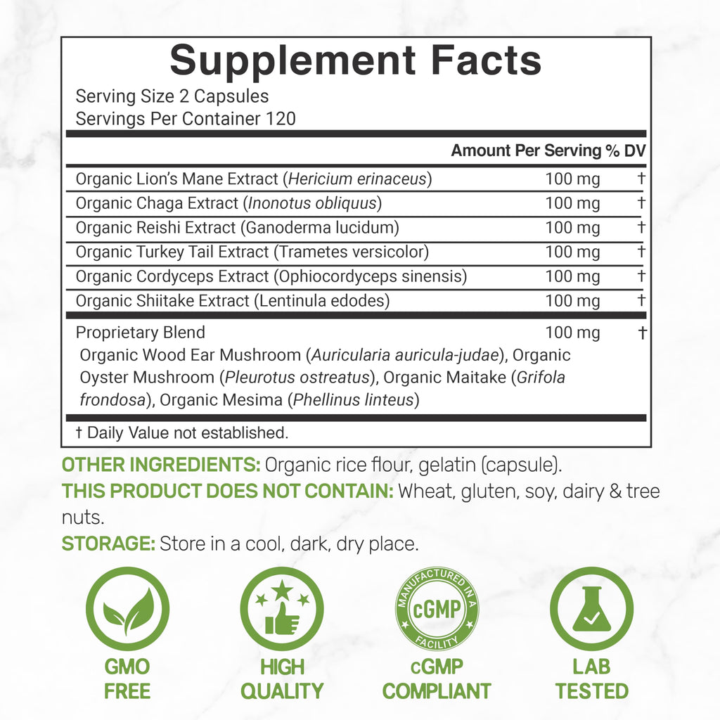 Organic 10-in-1 Mushroom Supplement, 240 Capsules – Lions Mane, Turkey Tail, Reishi, Cordyceps & More Mushroom Complex – Immune, Energy & Nootropic Brain Support – Non-GMO