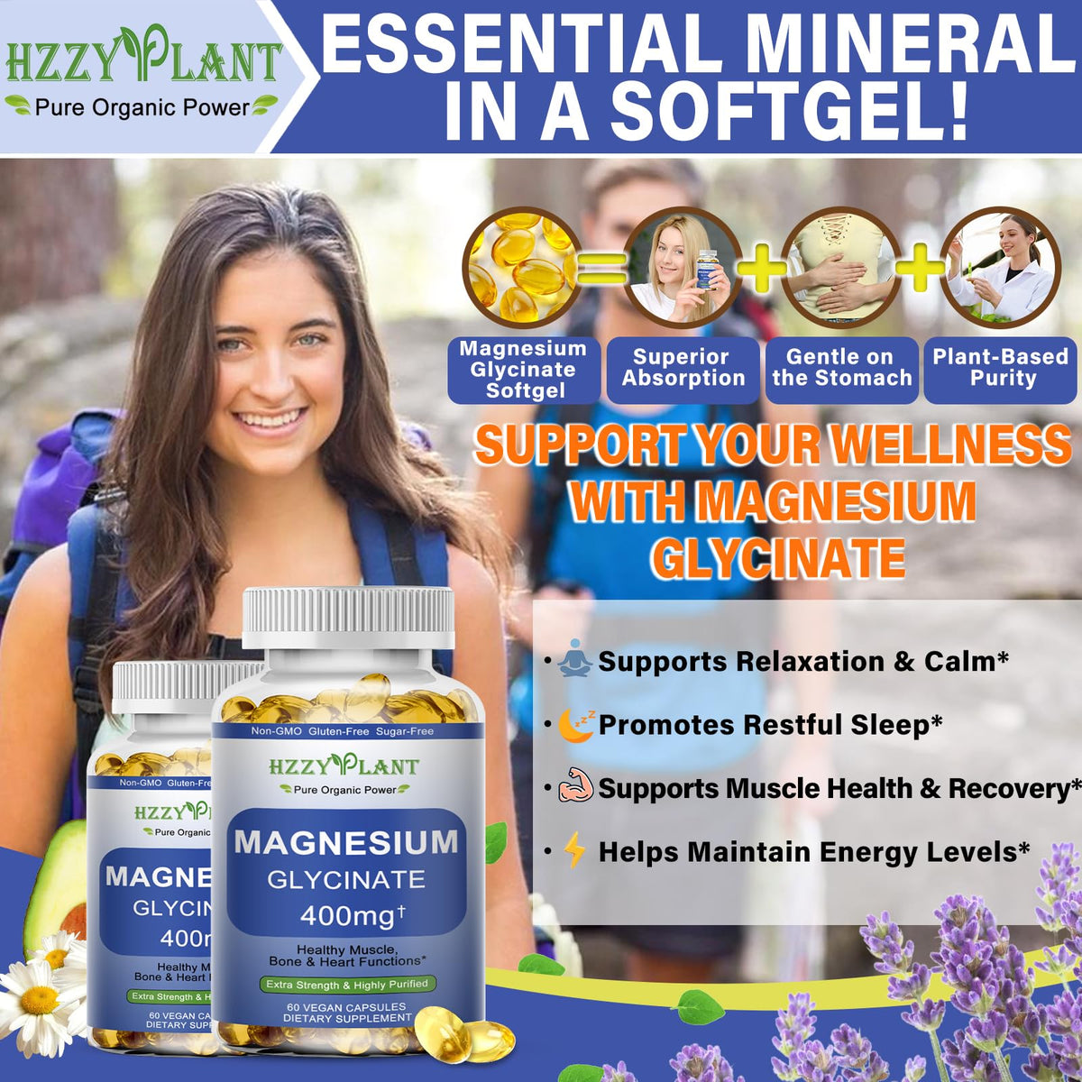 Magnesium Glycinate Softgels, High Absorption Magnesium Glycinate 400mg Supplement for Muscle, Heart, Sleep & Bone Support, Bisglycinate Softgel Capsules Supplement, Vegan, Non-GMO, 2 Month Supply