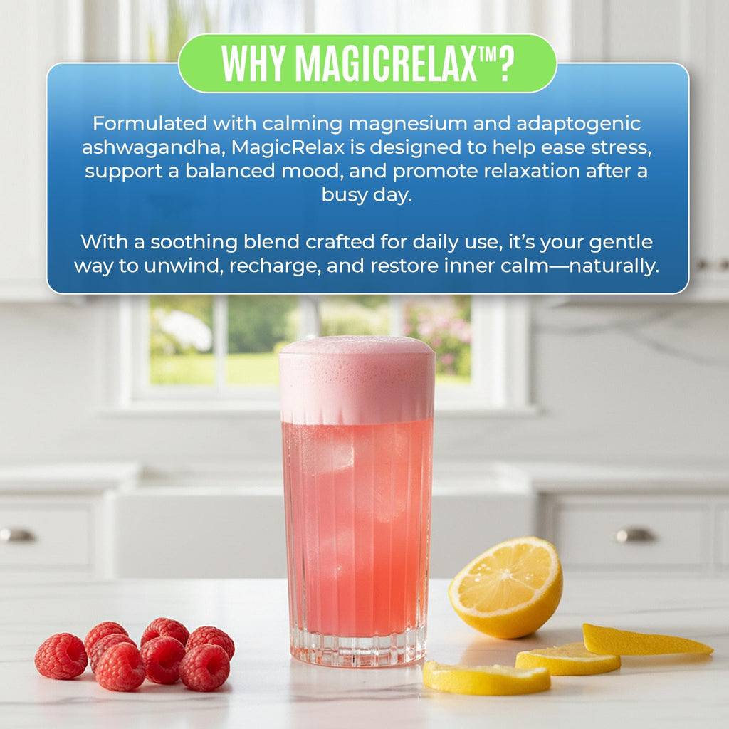 MAGICRELAX 8-in-1 Magnesium Glycinate Calm Powder Drink Mix Cortisol Reducer Supplement for Stress Mood & Sleep aid with KSM-66 Ashwagandha Saffron GABA L-Theanine Sugar Free Raspberry Lemon