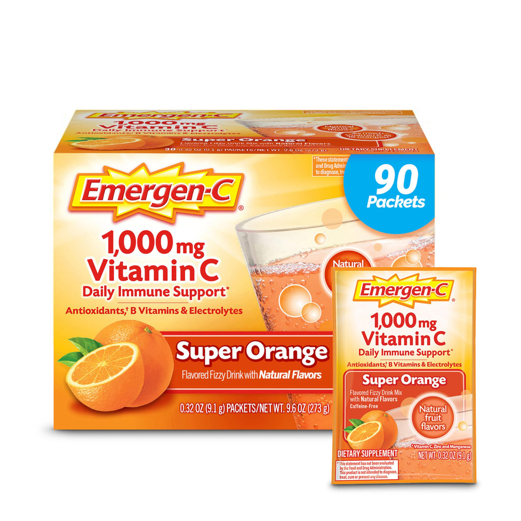 Emergen-C 1000mg Vitamin C Immune Support Powder, Super Orange, 90 ct | B Vitamins for Energy, Zinc and Manganese, Vitamin D, Electrolytes, 3 Month Supply, Natural Flavor