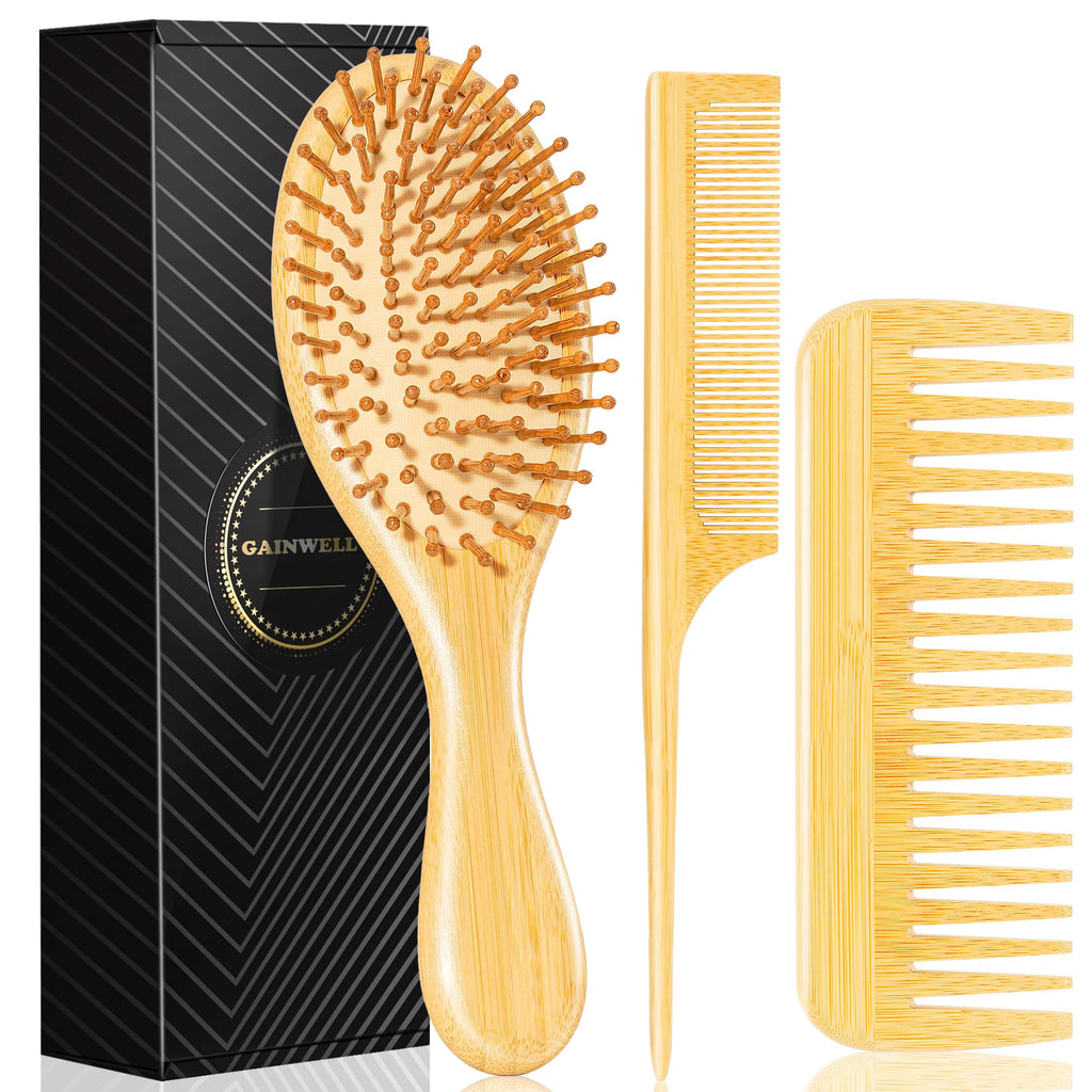 GAINWELL Hair Brush for Hair Growth, Bamboo Bristles Detangling Wooden Paddle Hair Brush for Massaging Scalp, All Hair Types Women Men Kids, Ergonomic Handle, Pointed Bristle