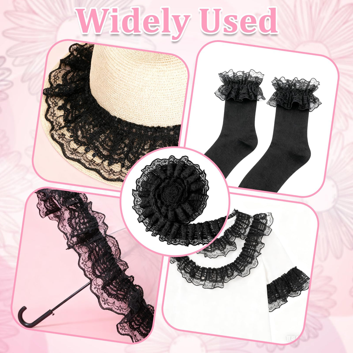 5 Yards Double Layer Ruffle Trim, 1.97 in Width Black Lace Ribbon, Vintage Lace Fabric Embroidered for Sewing, Clothes, Dresses, Craft, Bag, Gift Package, Wedding Decoration