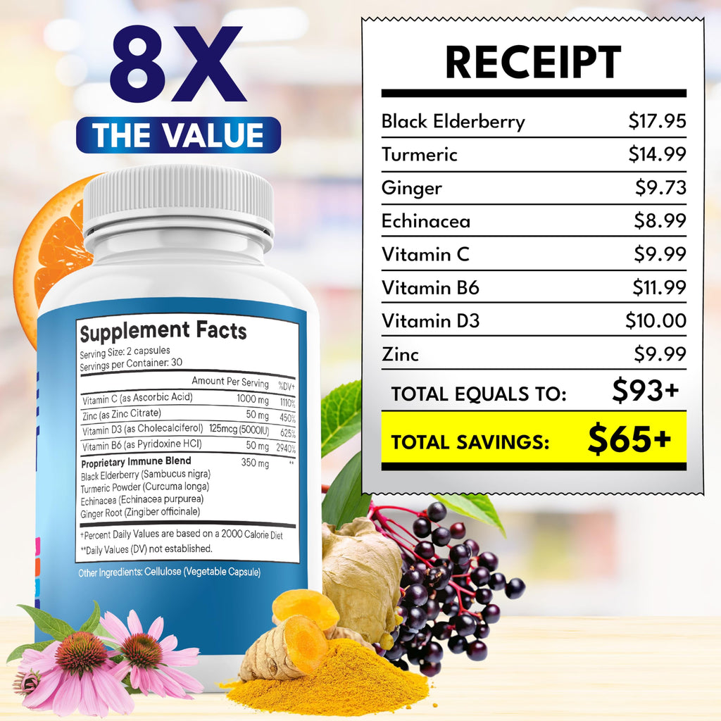 8 in 1 Immune Support Booster Supplement with Echinacea, Vitamin C and Zinc 50mg, Vitamin D 5000 IU, Turmeric Curcumin & Ginger, B6, Elderberry (8 in 1 Capsules (Pack of 3))