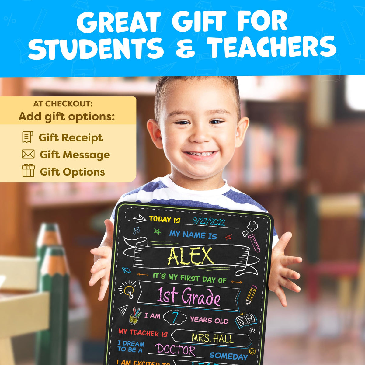 First Day of School Sign Board with Liquid Chalk Markers - 14”x11” Double-Sided & Reusable Board - My First and Last Day - Back to School Supplies - First Day of Kindergarten Preschool
