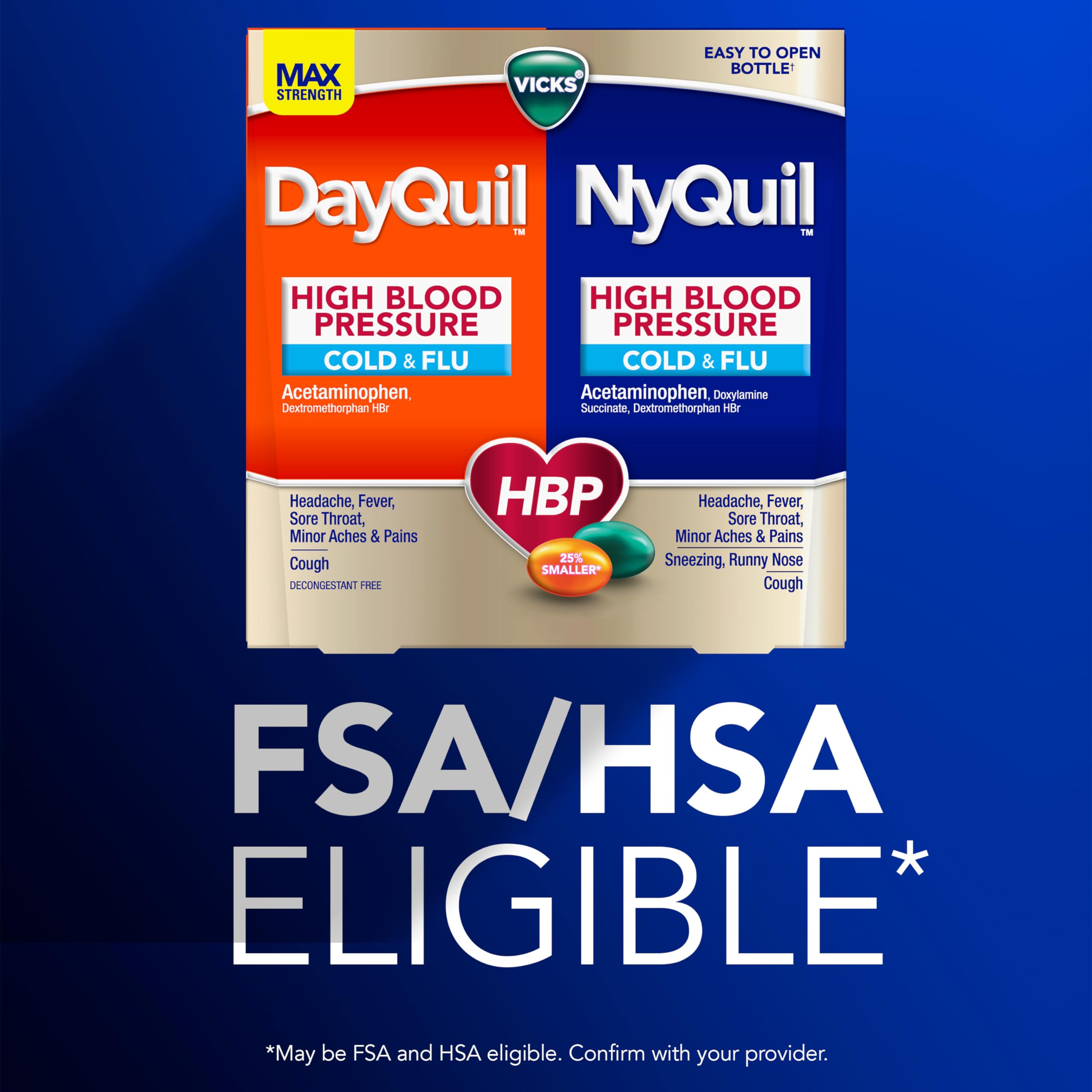 Buy now VICKS DayQuil & NyQuil High Blood Pressure Cold & Flu Relief Liquicap 48ct Co-Pack, Powerful Multi Symptom Daytime & Nighttime Medicine for Cold, Cough, and Flu Symptoms, 24ct DayQuil, 24ct NyQuil at indiglob india