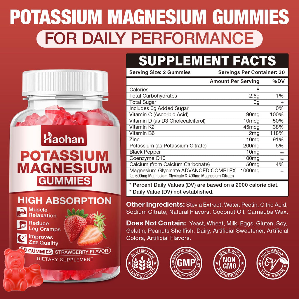 Potassium Magnesium Gummies with Electrolytes & Vitamins - Magnesium Glycinate, Potassium Citrate, Calcium, Vitamins B6, D3 & K2 for Muscle Function & Recovery - Vegan, Strawberry, 60 Count