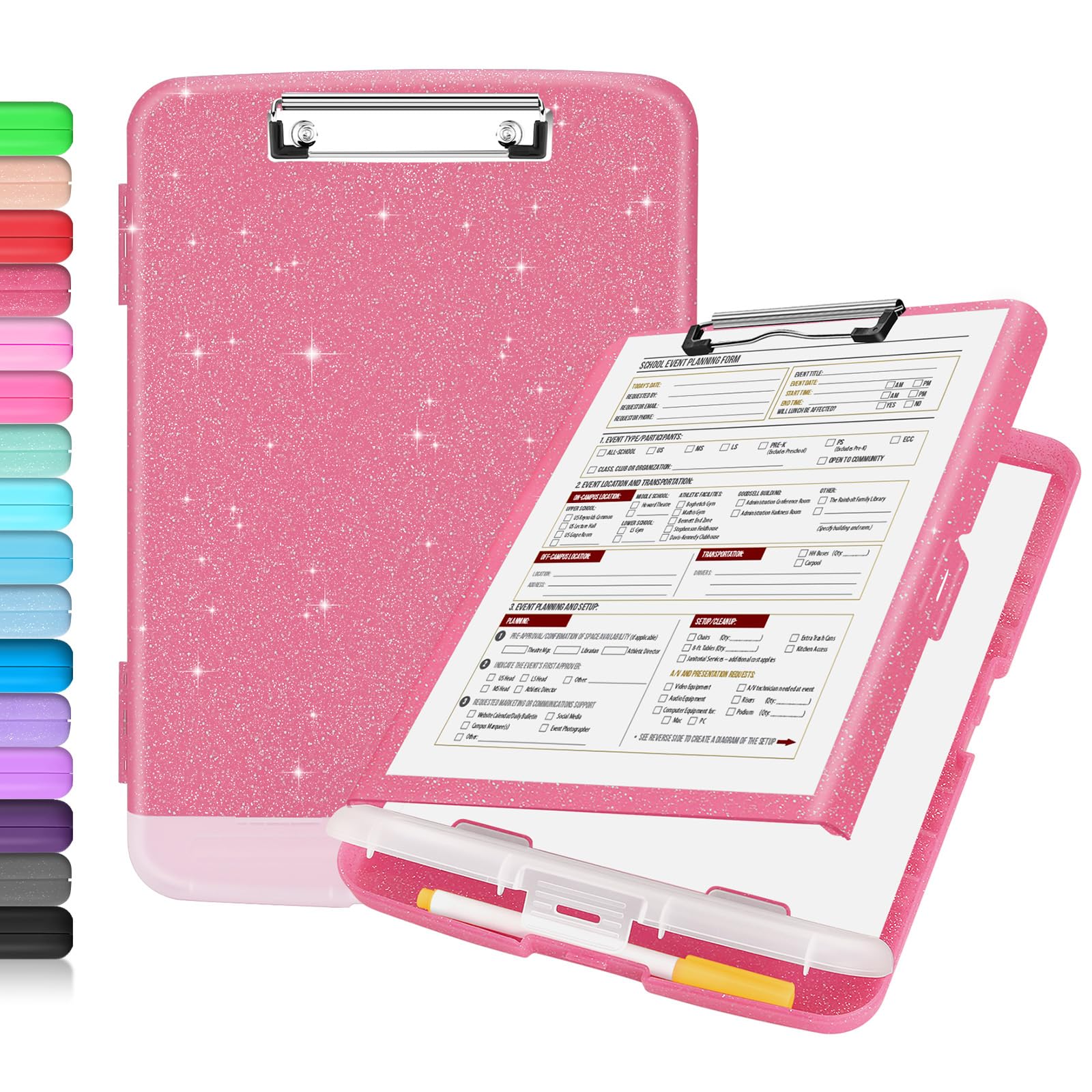 Buy now Sooez Clipboard with Storage, Clip Board 8.5 x 11 with Pen Holder, Plastic Organization Case Box for Letter Legal A4 Size Paper, Low Profile Clip, Nurses Teachers Must Haves, School & Office Supplies Glitter Rose Pink at indiglob india